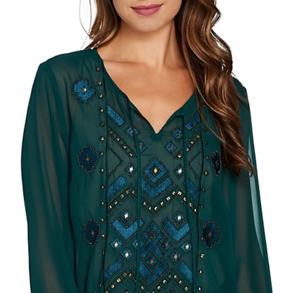 LOGO Lavish | Chiffon Beaded Embellishments Embroidery Ruffle Sheer Boho Blouse